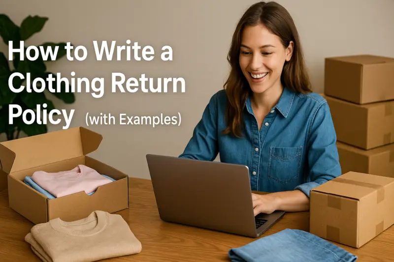 Smiling woman at wooden desk with clothing boxes and laptop, drafting a clear and friendly clothing return policy.