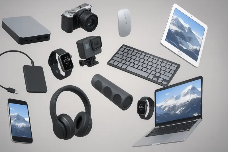 Array of consumer electronics: laptop, tablet, smartphone, camera, headphones, SSD and smartwatch, floating against a neutral gray backdrop.