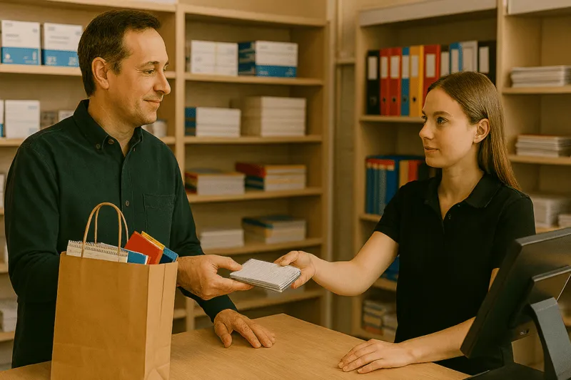 Customer returning a notebook at an office supply store counter while a staff member assists with a friendly smile, surrounded by shelves of office products.