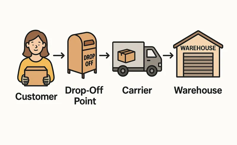 Cartoon illustration showing an ecommerce return moving from customer to drop-off point to carrier and ending at the warehouse.