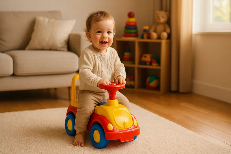Happy young child riding a colorful push car on a soft rug in a cozy living room.