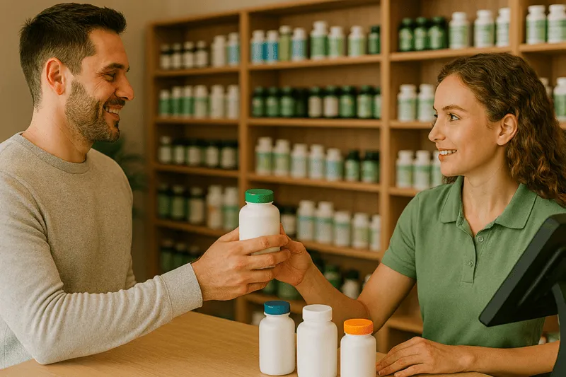 Smiling health store employee accepting a returned supplement from a customer at the checkout counter with vitamin bottles on display.